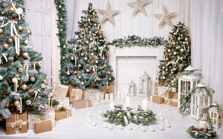 Christmas, New Year, fireplace, Christmas interior, Christmas tree, Christmas decorations, gifts