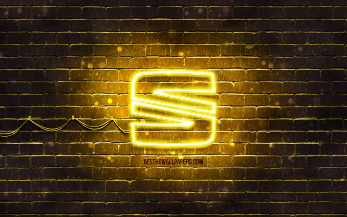 Seat yellow logo, 4k, yellow brickwall, Seat logo, cars brands, Seat neon logo, Seat