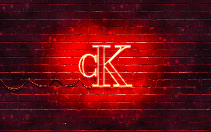 カルバン・クライン赤のロゴ, 4k, 赤いブリックウォール, Calvin Klein (カルバン・クライン), ファッションブランド, CalvinKleinネオンロゴ