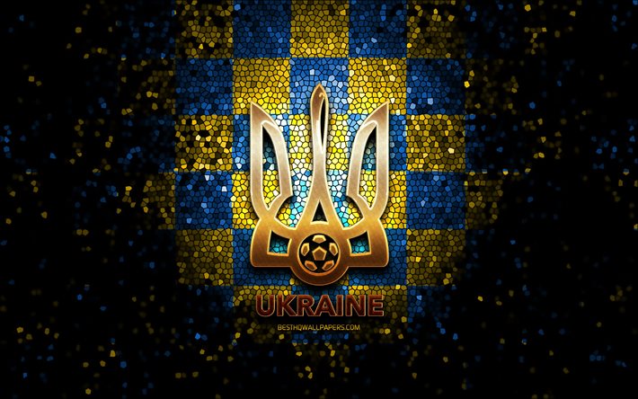 Ukrainska fotbollslag, glitter logotyp, UEFA, Europa, bl&#229; gul rutig bakgrund, mosaik konst, fotboll, Ukrainas nationella fotbollslag, FFU logotyp, Ukraina
