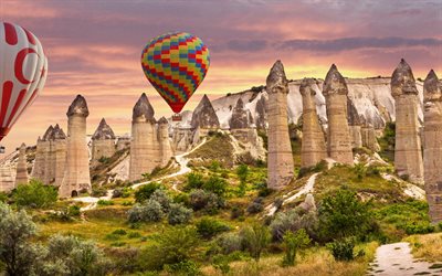 Love Valley, Cappadocia, rocks, balloons, evening, sunset, Merkez, Turkey