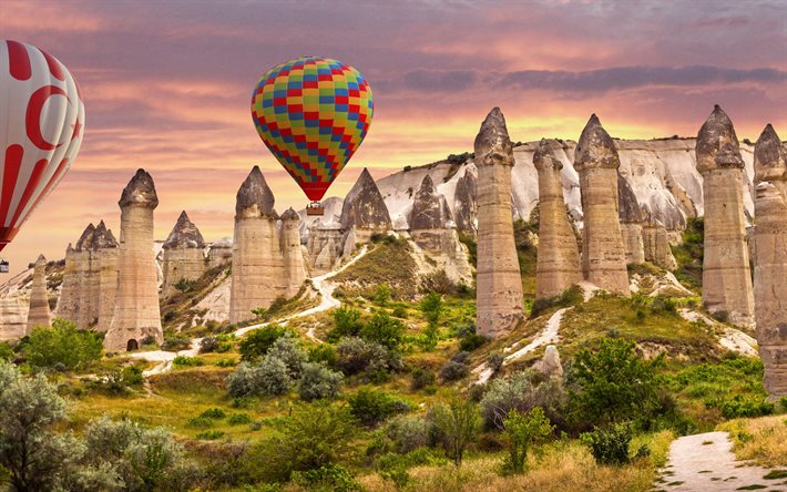 Love Valley, Kappadokien, stenar, ballonger, kv&#228;ll, solnedg&#229;ng, Merkez, Turkiet