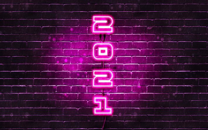 4k, Feliz Ano Novo 2021, d&#237;gitos de neon roxos, parede de tijolos roxos, 2021 d&#237;gitos amarelos, conceitos de 2021, ano novo de 2021, inscri&#231;&#227;o vertical de neon, 2021 sobre fundo roxo, d&#237;gitos do ano de 2021