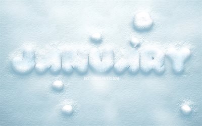 January, 3D snow letters, 4k, snow background, winter, January concepts, January on snow, January month, winter months