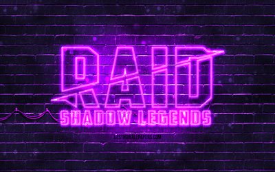 Raid Varjo Legends logo violetti, 4k, violetti brickwall, Raid Varjo Legends logo, 2020-pelit, Raid Varjo Legendoja neon-logo, Raid Varjo Legendoja