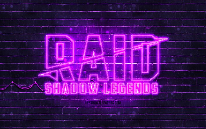 Raid Skugga Legender violett logotyp, 4k, violett brickwall, Raid Skugga Legender logotyp, 2020 spel, Raid Skugga Legender neon logotyp, Raid Skugga Legends