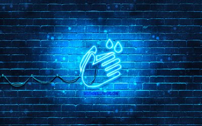 Yıkama Eller neon simgesi, 4k, mavi arka plan, neon sembolleri, Yıkama Eller, yaratıcı, neon simgeleri, Yıkama Elleri işareti, temizlik işaretleri, Yıkama Elleri simgesi, temizlik simgeleri