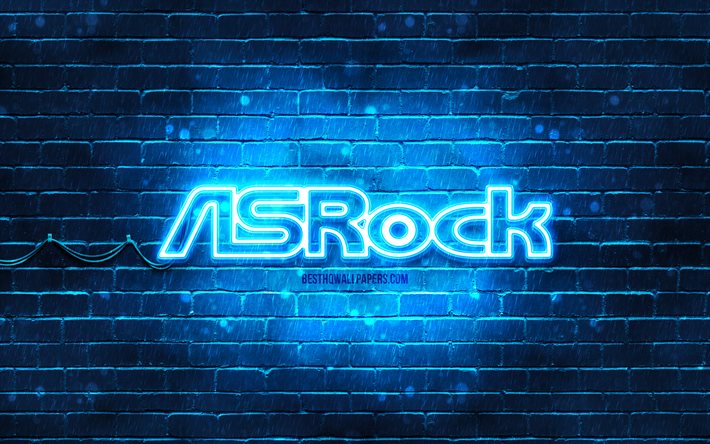 Logotipo azul de ASrock, 4k, pared de ladrillo azul, logotipo de ASrock, marcas, logotipo de ne&#243;n de ASrock, ASrock