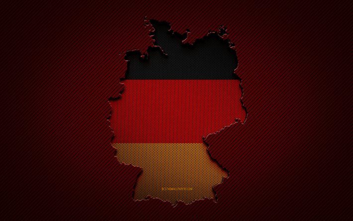 Almanya haritası, 4k, Avrupa ülkeleri, Alman bayrağı, kırmızı karbon arka plan, Almanya harita silueti, Almanya bayrağı, Avrupa, Alman haritası, Almanya
