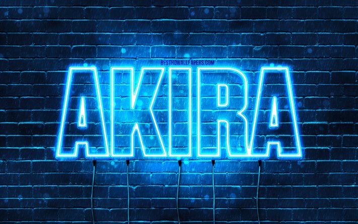 Happy Birthday Akira, 4k, blue neon lights, Akira name, creative, Akira Happy Birthday, Akira Birthday, popular japanese male names, picture with Akira name, Akira