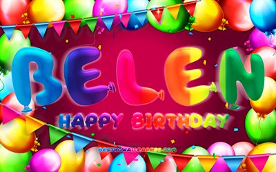 お誕生日おめでとうベレン, 4k, カラフルなバルーンフレーム, ベレン名, 紫の背景, ベレンお誕生日おめでとう, ベレンの誕生日, 人気のアメリカ人女性の名前, 誕生日のコンセプト, ベレンCity in New Mexico USA