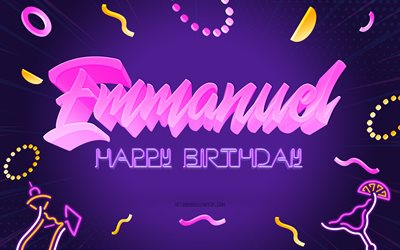 お誕生日おめでとうエマニュエル, 4k, 紫のパーティーの背景, エマニュエル, クリエイティブアート, エマニュエルお誕生日おめでとう, エマニュエル名, エマニュエルの誕生日, 誕生日パーティーの背景