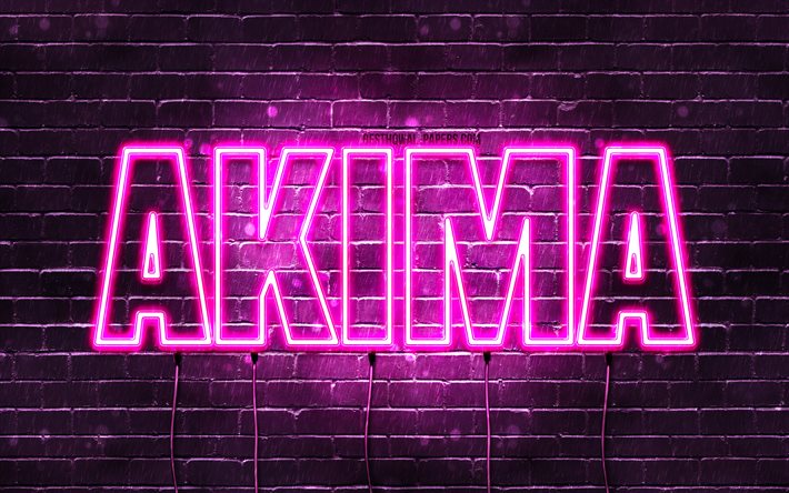 Happy Birthday Akima, 4k, pink neon lights, Akima name, creative, Akima Happy Birthday, Akima Birthday, popular japanese female names, picture with Akima name, Akima