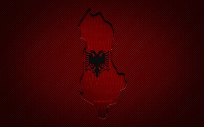 Albania map, 4k, European countries, Albanian flag, red carbon background, Albania map silhouette, Albania flag, Europe, Albanian map, Albania, flag of Albania