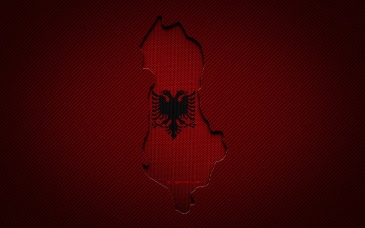 Lataa kuva Albanian kartta, 4k, Euroopan maat, Albanian lippu, punainen  hiili tausta, Albanian kartta siluetti, Eurooppa, Albania ilmaiseksi. Kuvat  ilmainen työpöydän taustakuvaksi