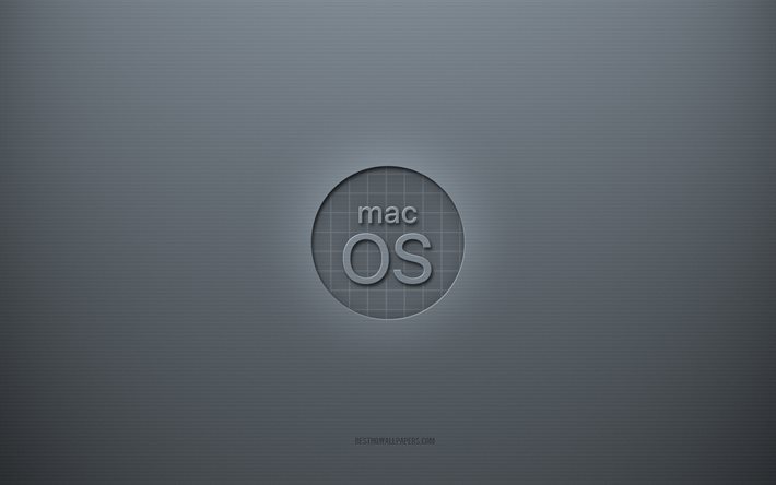 MacOSロゴ, 灰色の創造的な背景, MacOSエンブレム, 灰色の紙の質感, Mac OS, 灰色の背景, MacOS3dロゴ