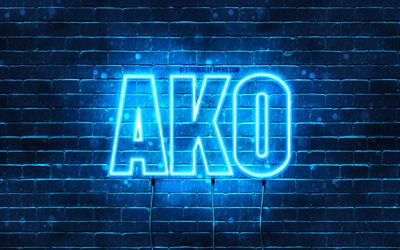 Happy Birthday Ako, 4k, blue neon lights, Ako name, creative, Ako Happy Birthday, Ako Birthday, popular japanese male names, picture with Ako name, Ako