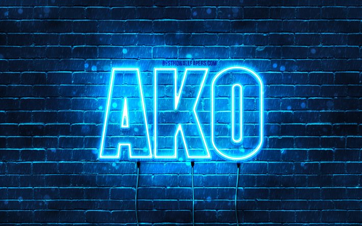 Feliz Anivers&#225;rio Ako, 4k, luzes de n&#233;on azuis, Nome Ako, criativo, Anivers&#225;rio Ako, nomes masculinos japoneses populares, imagem com o nome Ako, Ako
