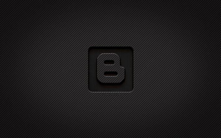 Logo carbone Blogger, 4k, art grunge, fond carbone, cr&#233;atif, logo noir Blogger, r&#233;seau social, logo Blogger, Blogger
