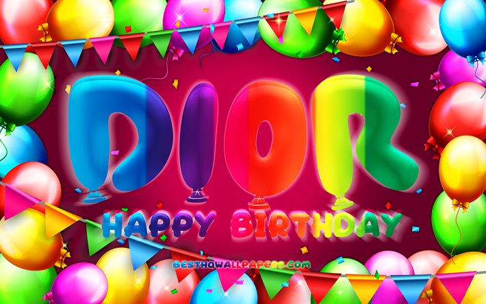 誕生日おめでとう, 4k, カラフルなバルーンフレーム, ディオール名, 紫の背景, ディオールの誕生日, 人気のアメリカ人女性の名前, 誕生日のコンセプト, ディオール