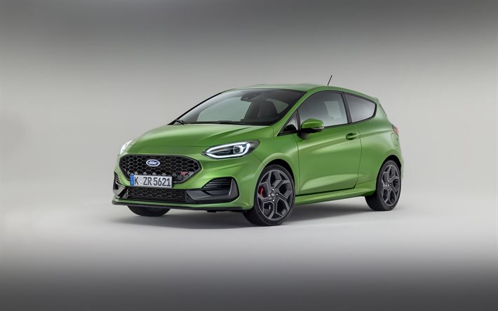 4k, Ford Fiesta ST, 2022, front view, exterior, green hatchback, new green Fiesta ST, American cars, Ford