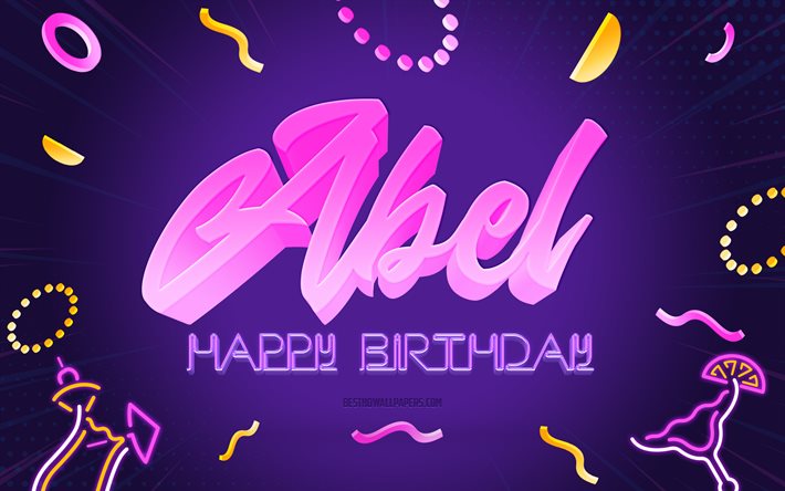 Happy Birthday Abel, 4k, Purple Party Background, Abel, creative art, Happy Abel birthday, Abel name, Abel Birthday, Birthday Party Background