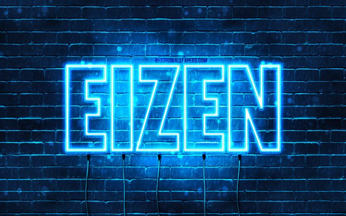 Feliz anivers&#225;rio Eizen, 4k, luzes de n&#233;on azuis, nome Eizen, criativo, Anivers&#225;rio Eizen, nomes masculinos japoneses populares, foto com o nome Eizen, Eizen