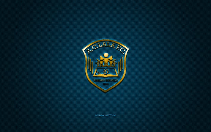 LALA FC, clube de futebol venezuelano, logotipo dourado, fundo azul de fibra de carbono, Divis&#227;o Primera da Venezuela, futebol, Ciudad Guayan, Venezuela, logotipo do LALA FC