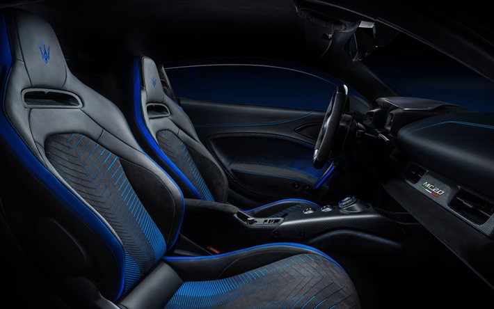 2022, Maserati MC20, interior view, interior, dashboard, blue MC20, British supercars, Maserati