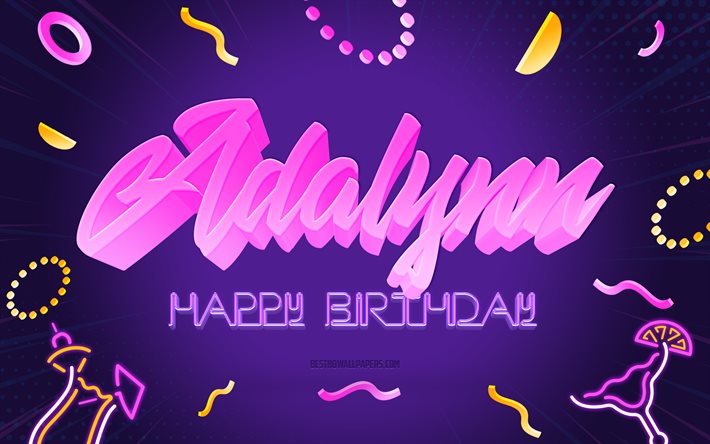 お誕生日おめでとうアダリン, 4k, 紫のパーティーの背景, アダリン, クリエイティブアート, アダリンの誕生日おめでとう, アダリンの名前, アダリンの誕生日, 誕生日パーティーの背景