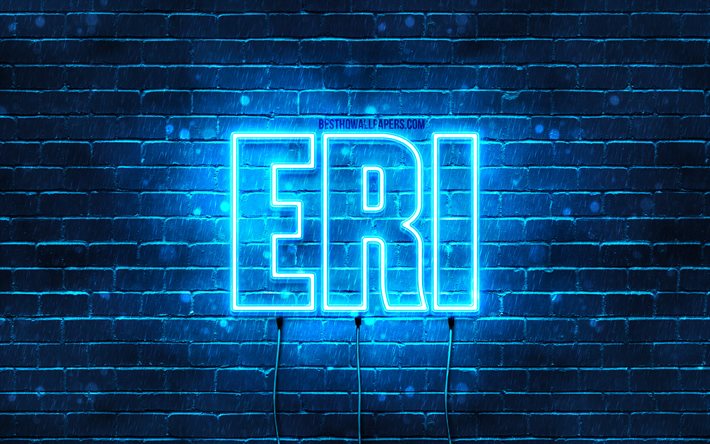 Joyeux anniversaire Eri, 4k, n&#233;ons bleus, nom Eri, cr&#233;atif, joyeux anniversaire Eri, anniversaire Eri, noms masculins japonais populaires, photo avec nom Eri, Eri