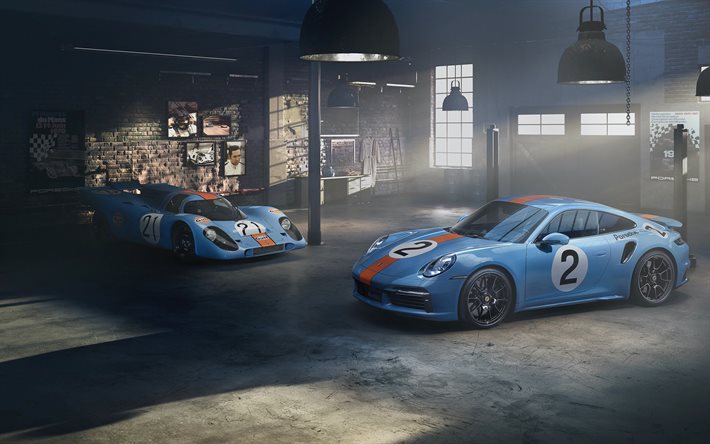 2021, Porsche 911 Turbo S, exterior, vista frontal, cup&#234; esportivo azul, ajuste do Porsche 911, supercarros, Porsche