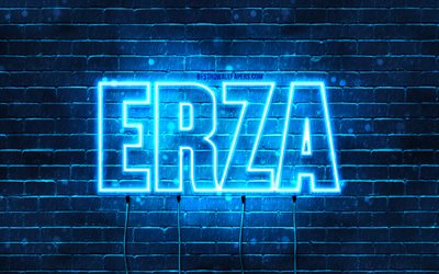 Feliz anivers&#225;rio Erza, 4k, luzes de n&#233;on azuis, nome Erza, criativo, Anivers&#225;rio Erza, nomes masculinos japoneses populares, foto com o nome Erza, Erza