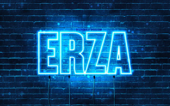 Joyeux anniversaire Erza, 4k, n&#233;ons bleus, nom Erza, cr&#233;atif, joyeux anniversaire Erza, anniversaire Erza, noms masculins japonais populaires, photo avec nom Erza, Erza
