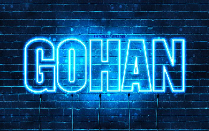Buon Compleanno Gohan, 4k, luci al neon blu, nome Gohan, creativo, Compleanno Gohan, nomi maschili giapponesi popolari, foto con nome Gohan, Gohan