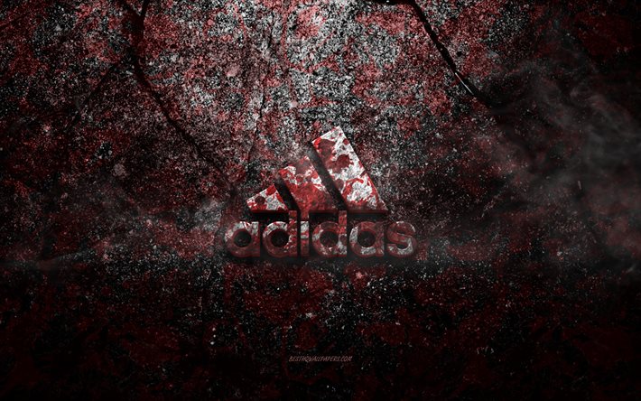Logo Adidas, arte grunge, logo Adidas pietra, struttura pietra rossa, Adidas, struttura pietra grunge, emblema Adidas, logo Adidas 3d