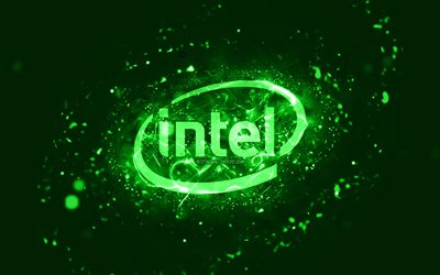 Intel yeşil logosu, 4k, yeşil neon ışıkları, yaratıcı, yeşil soyut arka plan, Intel logosu, markalar, Intel