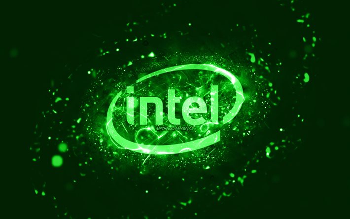 インテルグリーンロゴ, 4k, 緑のネオンライト, creative クリエイティブ, 緑の抽象的な背景, Intelロゴ, お, Intel。