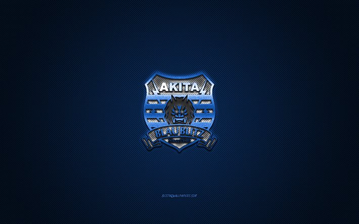 Blaublitz Akita, club de football japonais, logo blanc, fond bleu en fibre de carbone, J2 League, football, Akita, Japon, logo Blaublitz Akita