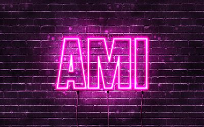Happy Birthday Ami, 4k, pink neon lights, Ami name, creative, Ami Happy Birthday, Ami Birthday, popular japanese female names, picture with Ami name, Ami