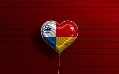 Rakastan Almerea, 4k, realistiset ilmapallot, punainen puinen tausta, Almeren p&#228;iv&#228;, hollantilaiset kaupungit, Almeren lippu, Alankomaat, ilmapallo lippulla, Almere