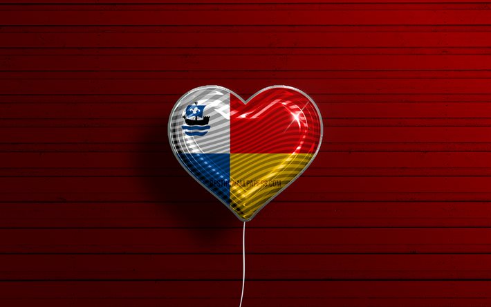 J'aime Almere, 4k, ballons réalistes, fond en bois rouge, Jour d'Almere, villes néerlandaises, drapeau d'Almere, Pays-Bas, ballon avec drapeau, Almere