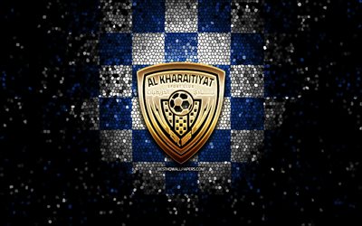 Al Kharitiyath SC, glitter logo, QSL, blue white checkered background, soccer, qatari football club, Al Kharitiyath SC logo, mosaic art, Al-Kharitiyath, football, Al Kharitiyath FC