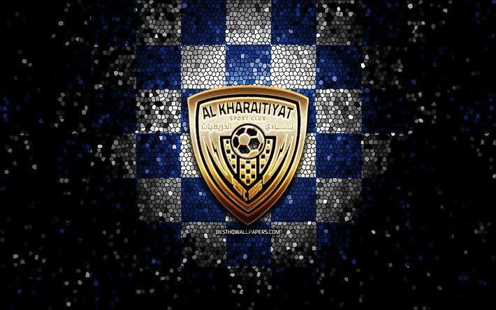 Al Kharitiyath SC, logo paillet&#233;, QSL, fond quadrill&#233; blanc bleu, football, club de football qatari, logo Al Kharitiyath SC, art en mosa&#239;que, Al-Kharitiyath, Al Kharitiyath FC