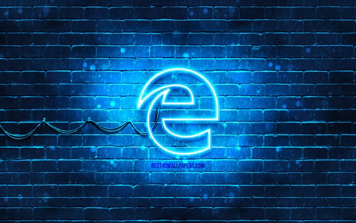 Logo bleu Microsoft Edge, 4k, mur de briques bleu, logo Microsoft Edge, marques, logo n&#233;on Microsoft Edge, Microsoft Edge