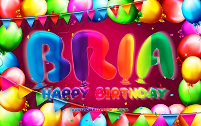 誕生日おめでとう, 4k, カラフルなバルーンフレーム, ブリア名, 紫の背景, ブリアの誕生日, 人気のアメリカ人女性の名前, 誕生日のコンセプト, ブリア
