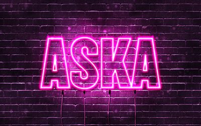 Happy Birthday Aska, 4k, pink neon lights, Aska name, creative, Aska Happy Birthday, Aska Birthday, popular japanese female names, picture with Aska name, Aska