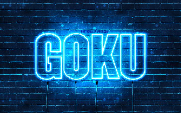 Grattis p&#229; f&#246;delsedagen Goku, 4k, bl&#229; neonljus, Goku -namn, kreativt, Goku Grattis p&#229; f&#246;delsedagen, Goku -f&#246;delsedagen, popul&#228;ra japanska manliga namn, bild med Goku -namn, Goku