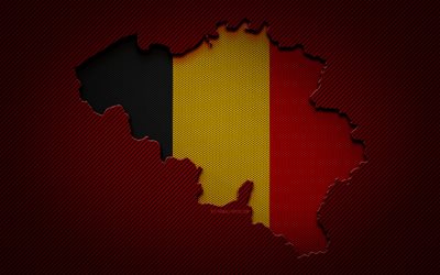 Belgian kartta, 4k, Euroopan maat, Belgian lippu, punainen hiili tausta, Belgian kartta siluetti, Eurooppa, Belgia
