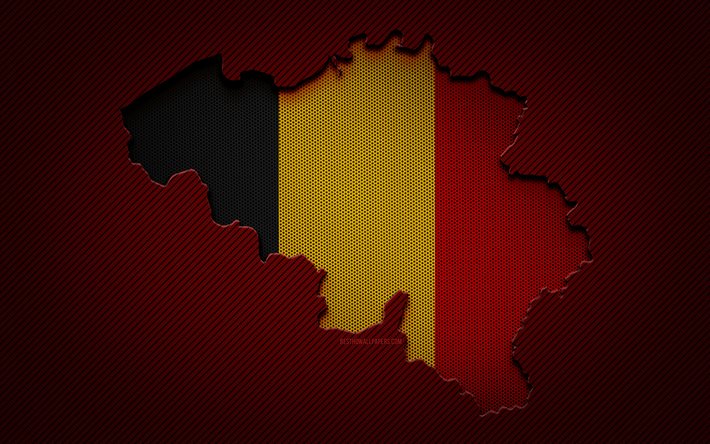 Belgio mappa, 4k, paesi europei, bandiera belga, rosso carbonio sfondo, Belgio mappa silhouette, bandiera del Belgio, Europa, mappa belga, Belgio